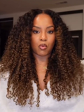 A model displays the UNice 7x5 Bye Bye Slip Glueless Lace Black to Chestnut Brown Ombre Burmese Curly wig, showing a model with long curly hair and a white shirt.