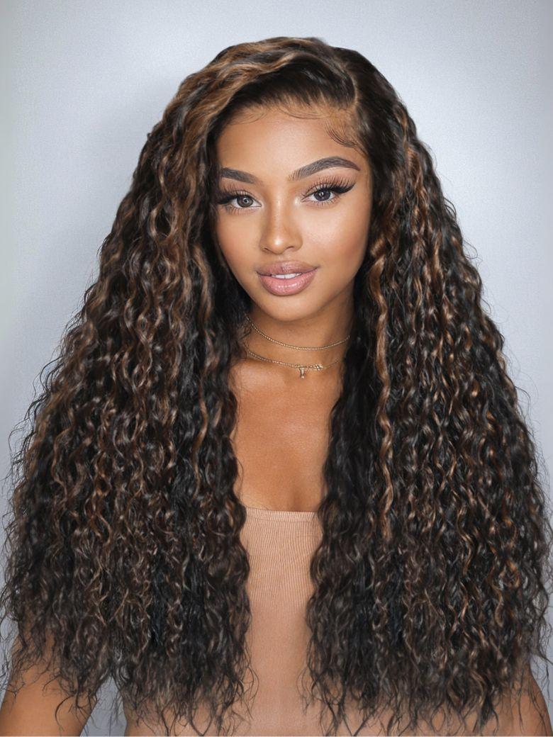 A model displays the UNice 7x5 Bye Bye Knots Lace Water Wave Black Wig With Golden Brown Highlights, showing a model with long curly hair wearing a brown wig and water.