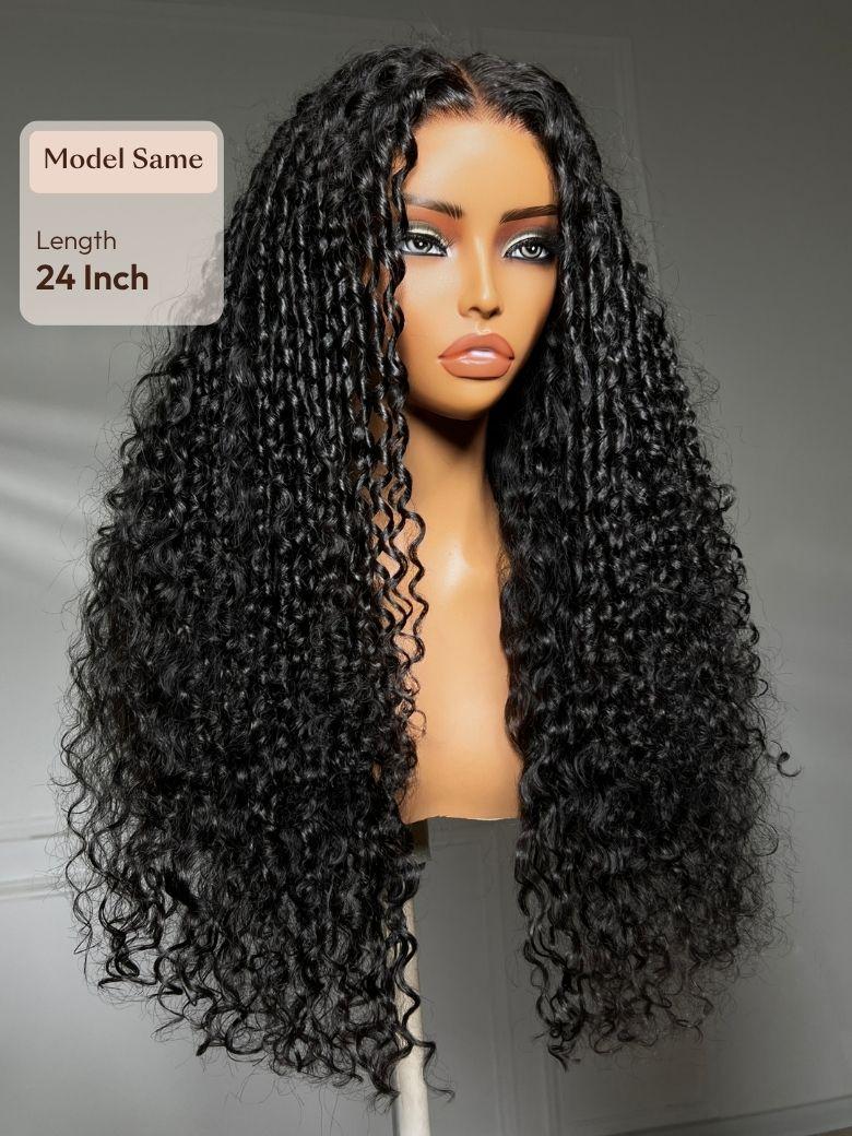 A model displays the UNice 7x5 Bye Bye Slip Lace Black Defined Mixed Curly Glueless Wig with Invisi, showing a wig with long curly hair and curly texture, 7x5, glueless.