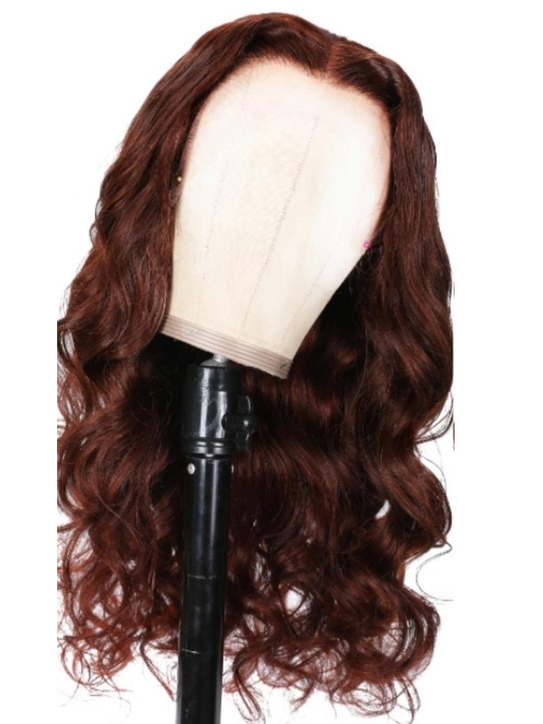 The UNice 7x5 Byebye Knots Lace Reddish Brown Body Wave Bleached Knots Blend Seamless Wig product image shows a wig with long wavy hair on a white background and body.