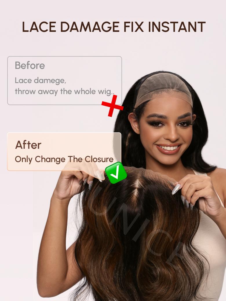 A model displays the UNice Magic Lace Wig Black to Chestnut Brown Ombre Body Wave With Optional 7x5, showing a model is holding a hair brush and a sign and body wave.
