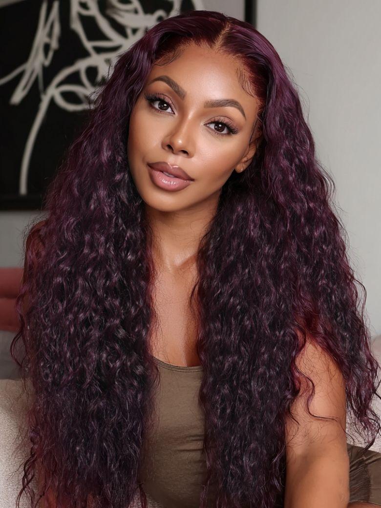 A model displays the UNice 13x4 Pre-Everything Lace Frontal Black Cherry Water Wave Glueless Drawstring, showing a model with long dark purple hair and a brown top.