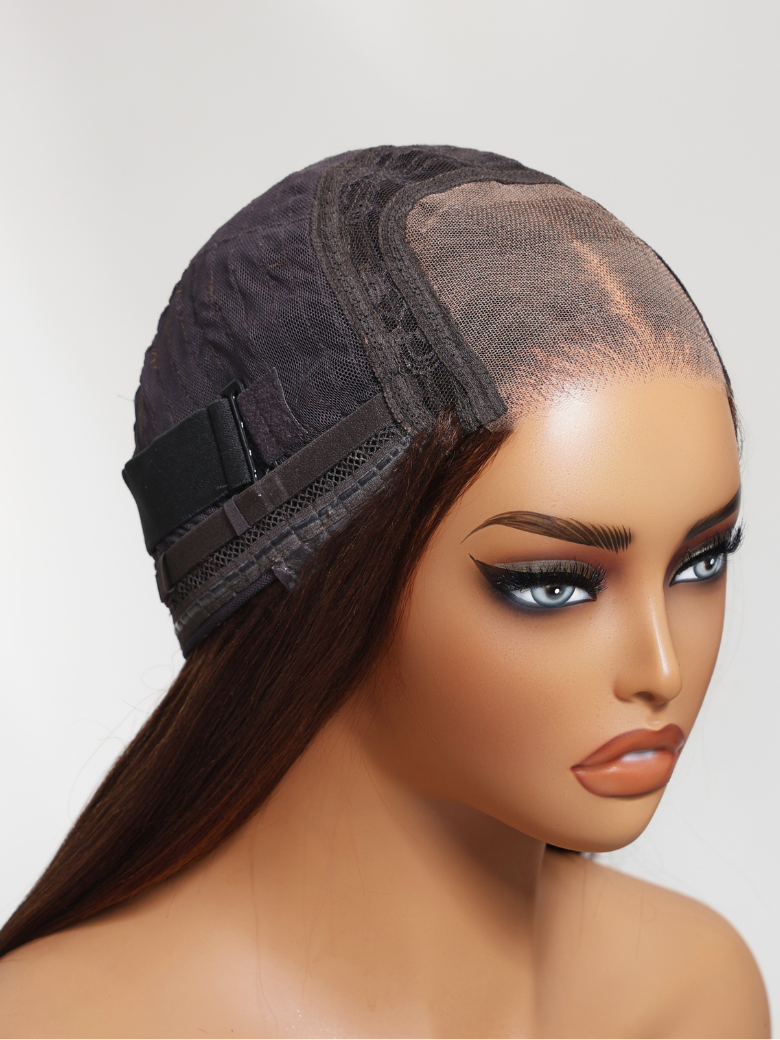 The UNice 5x5 HD Reddish Brown body wave & 4x4 Pre-Cut Lace Chocolate Brown Yaki wig product image shows a manne with a black hat on it and body wave texture, straight.