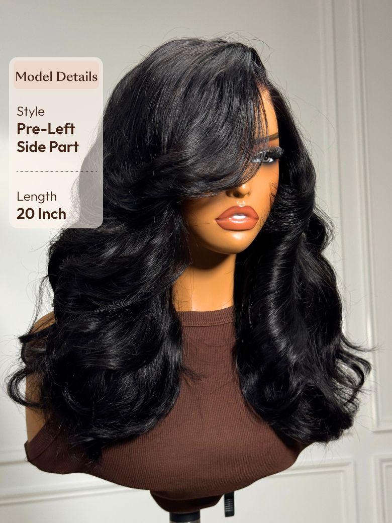 A model displays the UNice Ship within 24H UNice Bye Bye Slip Wig Feathered Layer Left Side Part 200%, showing a model wearing a long black wig and drawstring fit.