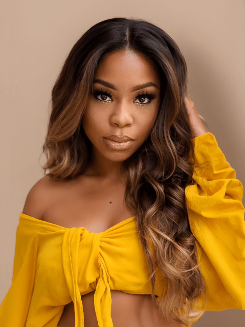 A model displays the UNice Hair Body Wave Virgin Hair 1 Bundle Unprocessed Ombre Human Hair Wave, showing a model with long hair wearing a yellow top and body wave.