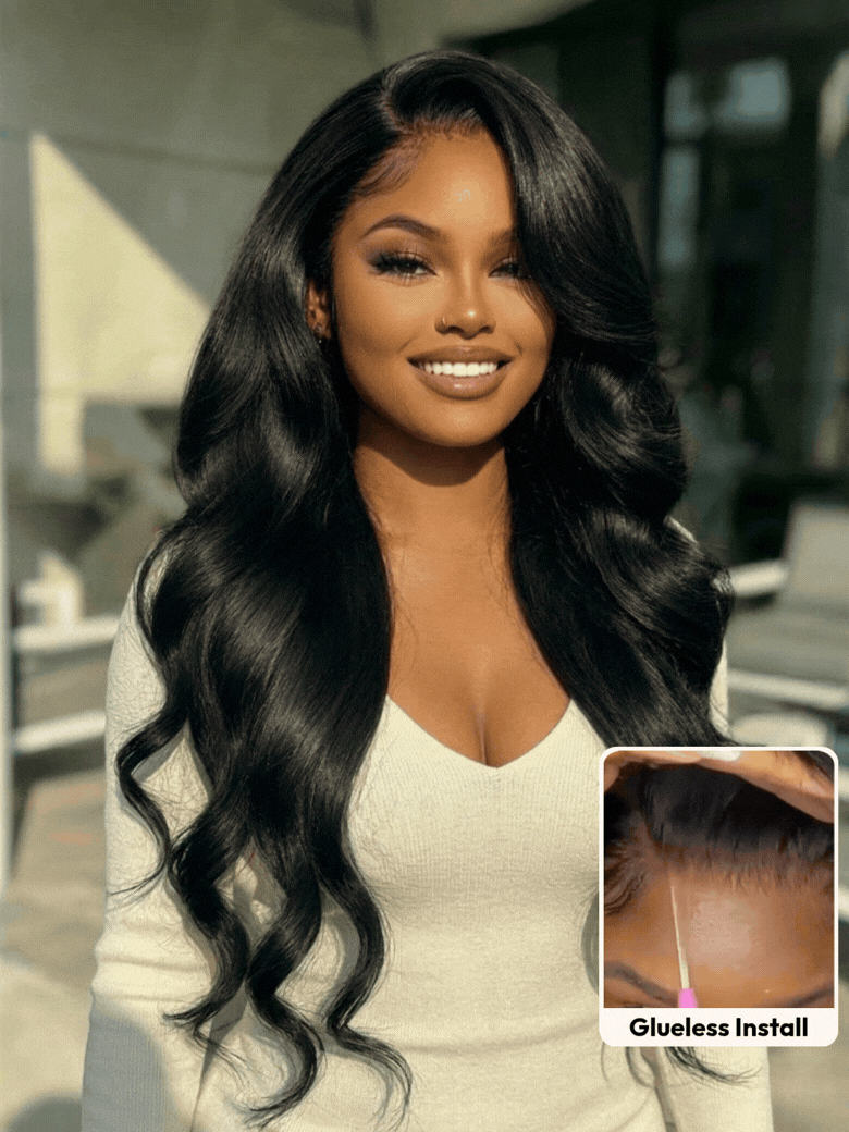 A model displays the UNice 13x4 Pre-Everything Wig With Face-Framing Layers And Side-Swept Bangs With, showing a model with long black hair and a white sweater and 13x4.