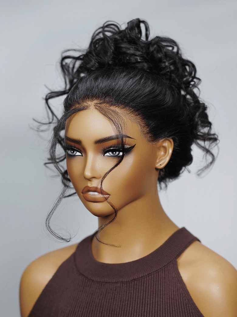 The UNice 360 Lace Frontal 180% Density Body Wave Human Hair Wig product image shows a doll with a black hair and brown eyes and body wave texture, lace finish.
