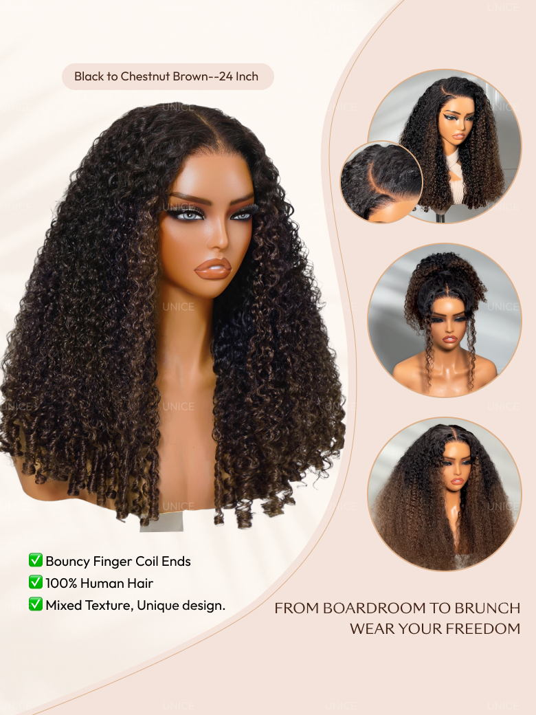 The UNice Summer Color 7x5 Bye Bye Slip Glueless Lace Black to Chestnut Brown Ombre wig image highlights BlacktoChestnutBrown--24Inch, BouncyFingerCoil Ends.