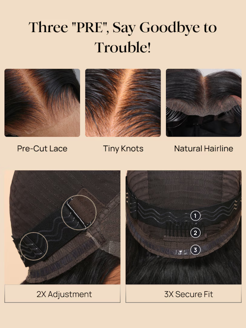 The UNice Bye Bye Knots 7x5 Lace Reddish Brown Yaki Bob Wig image highlights Three"PRE", Say Goodbye to, Trouble!, Pre-CutLace, the re - a - gody to tule and yaki.