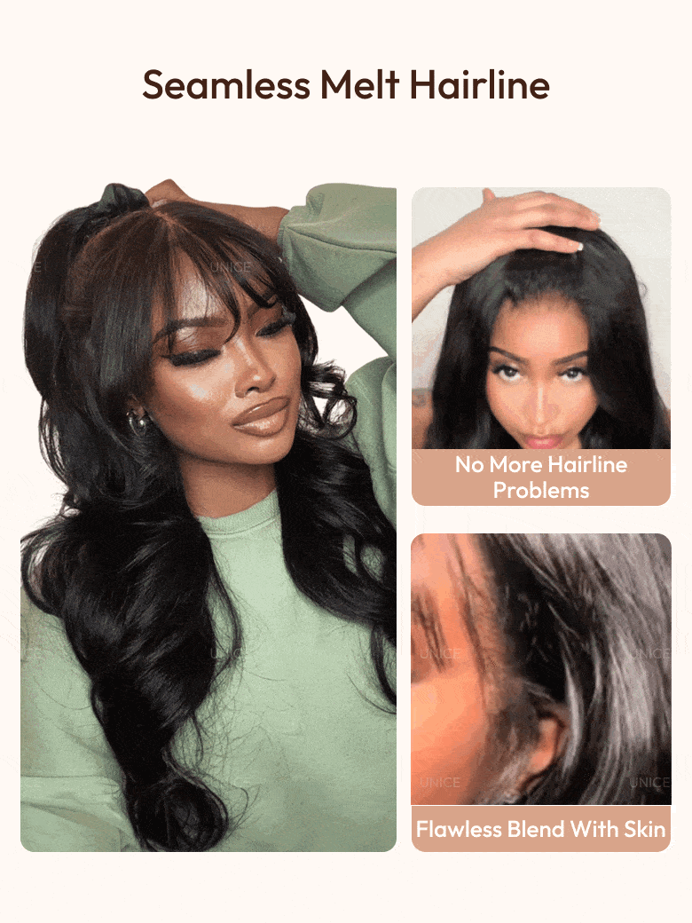 A model displays the UNice 7x5 & 13x4 Bye Bye Slip Pull & Go Black Fluffy Loose Wave Wispy Bangs Glueless, showing a model with long hair and a green shirt and loose.