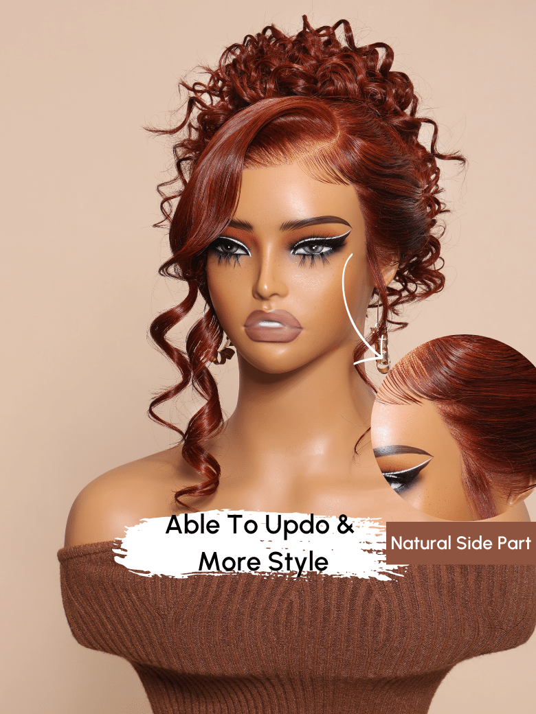 A model displays the UNice 180% Density Reddish Brown Water Wave Or Honey Blonde Jerry Curly 13x4 wig, showing a model with red hair and a brown sweater and water wave.