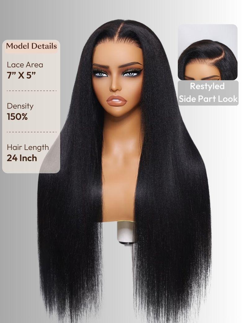 7x5 Bye Bye Knots™ Wig Black Yaki Straight Glueless Bleached Knots Wig