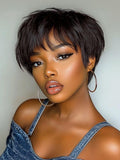 A model displays the UNice Short Pixie Cut Human Hair Glueless Wig With Side Bangs, showing a model with short hair wearing a denim dress and glueless wear.