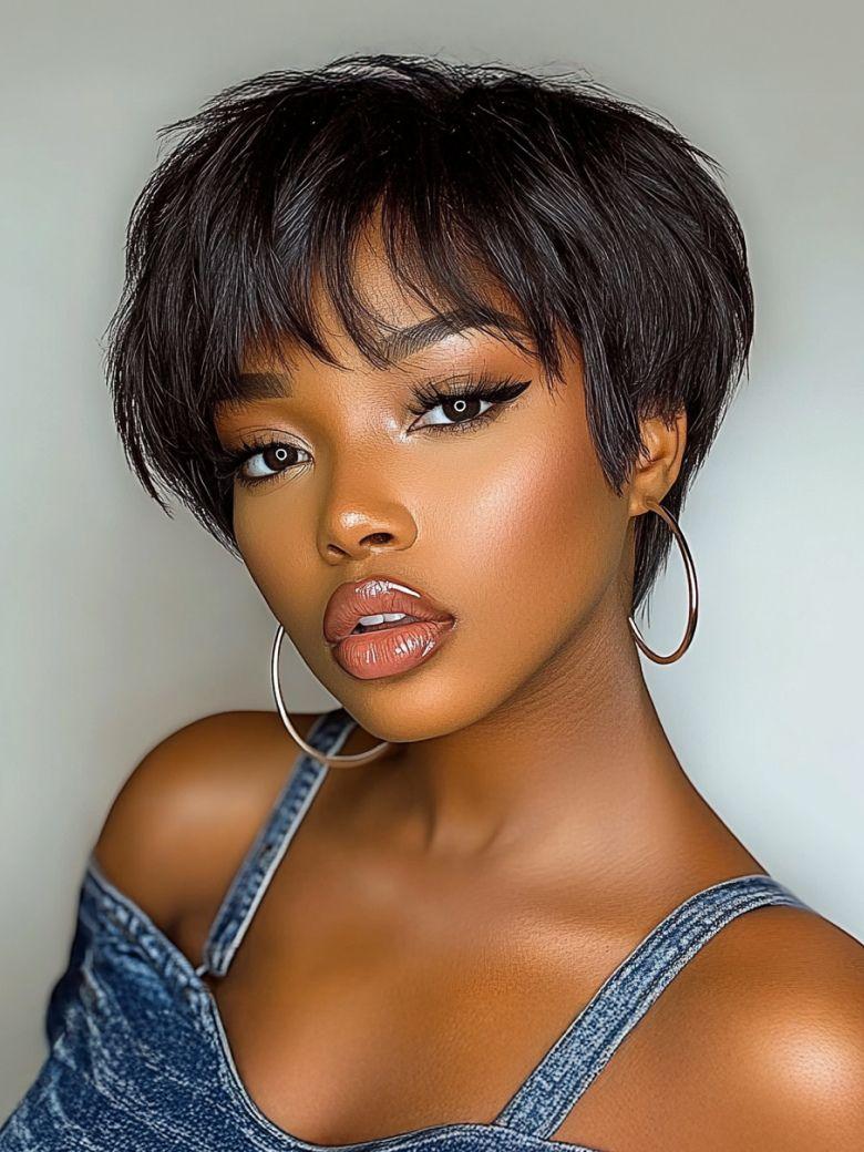 A model displays the UNice Short Pixie Cut Human Hair Glueless Wig With Side Bangs, showing a model with short hair wearing a denim dress and glueless wear.
