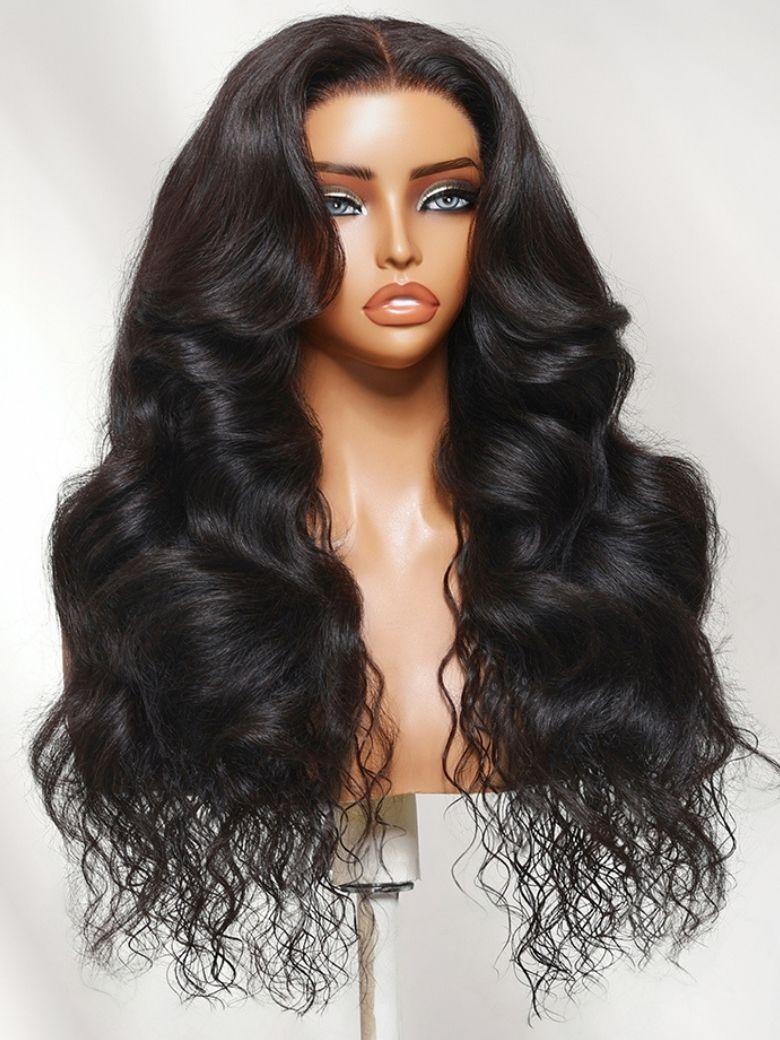 A model displays the UNice 7x5 Bye Bye Slip Glueless Lace Natural Water Wave with Soft Body Wave Wig with, showing a wig with long hair and a long body and body wave.