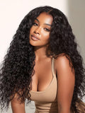 A model displays the UNice Hair Bundle 1 Piece Water Wave Weave Hair, showing a model with long curly hair and a tan top and water wave texture, bundle fullness.