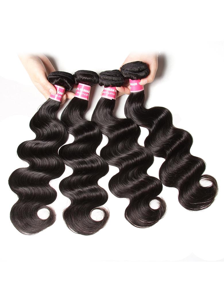 The UNice Hair Unprocessed 4 Bundles Body Wave Virgin Hair With 13x4 Lace Frontal product image shows virgin body wave hair bundles and body wave texture, 13x4, lace.