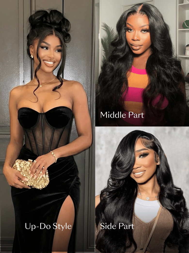 A model displays the UNice 13x4 HD Lace Bye Bye Slip Body Wave Wig - Pull & Go Fit Ear-to-Ear with Invisi, showing a col of three different types of wigs and body wave.