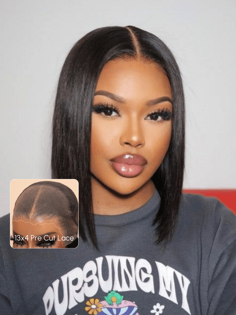 A model displays the UNice 13x4 Pre-Everything Lace Frontal Natural Black Bob Wig Pre Cut Lace Wig, showing a model with a black hair and a grey shirt and natural black.