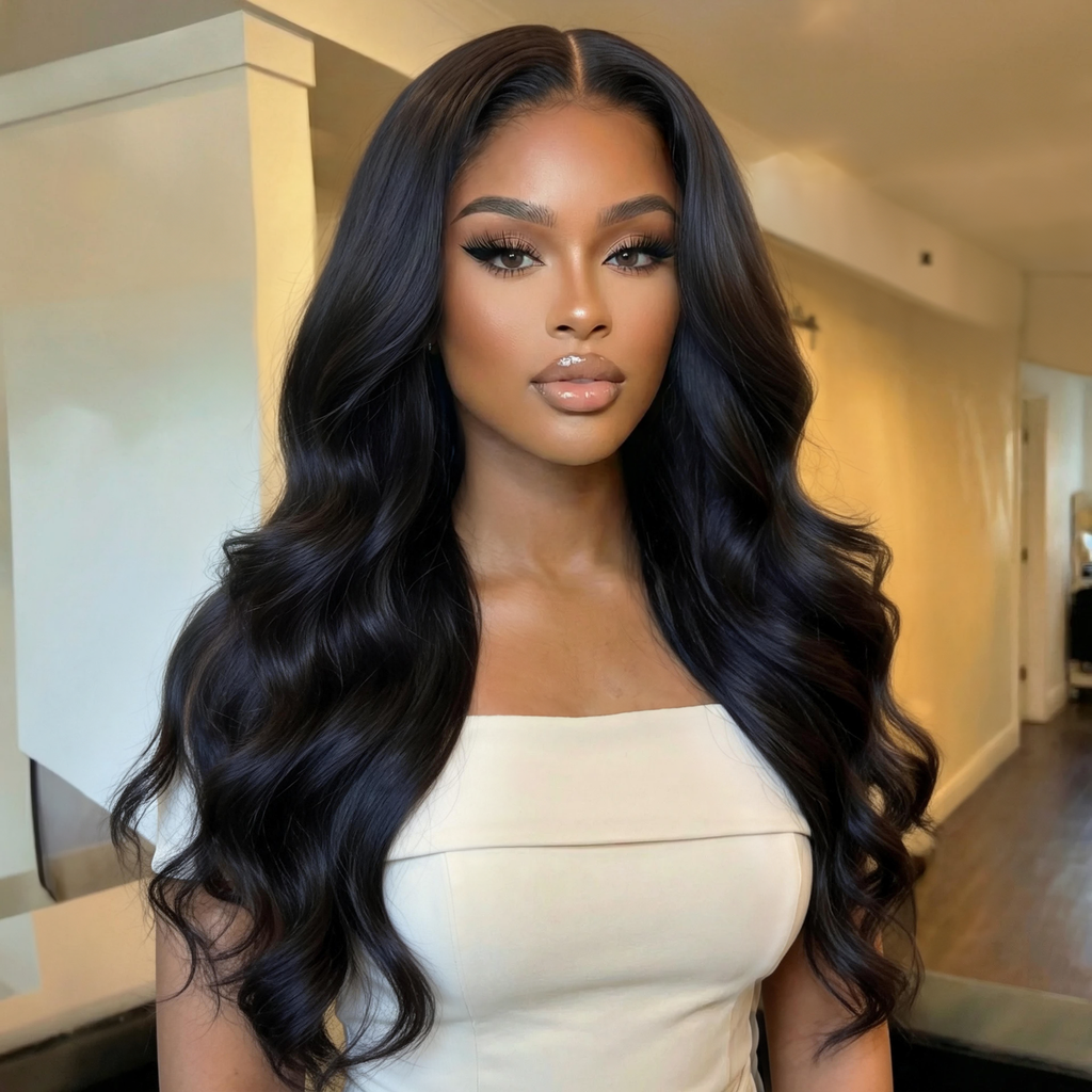 A model displays the UNice Bye Bye Slip 7x5 Glueless Lace Body Wave Lace Front Wig Invisi Drawstring, showing a model with long black hair wearing a white dress and body.