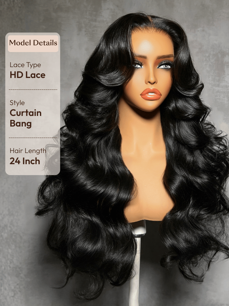 A model displays the UNice 13x4 HD Lace Bye Bye Slip Body Wave Wig - Human Hair Glueless Pull & Go Fit, showing a model with long black hair and a full wig and body wave.