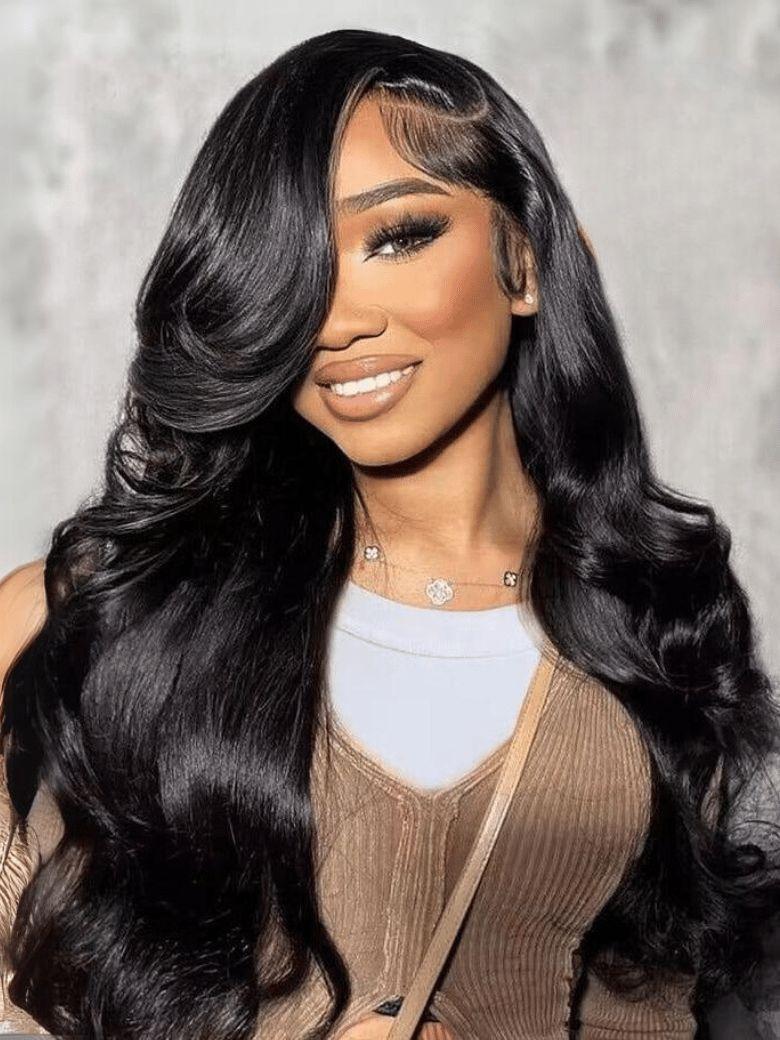 A model displays the UNice Hair Bundle Body Wave Human Weave Hair, showing a model with long black hair wearing a wig and body wave texture, bundle fullness.