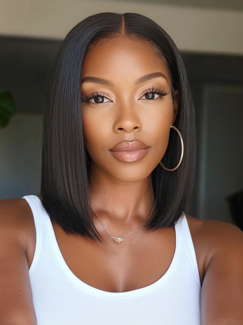 A model displays the UNice Invisi Drawstring 7x5 Put On And Go Lace Summer Style Glueless Lace Bleached wig, showing a model with long hair wearing a white tank top.