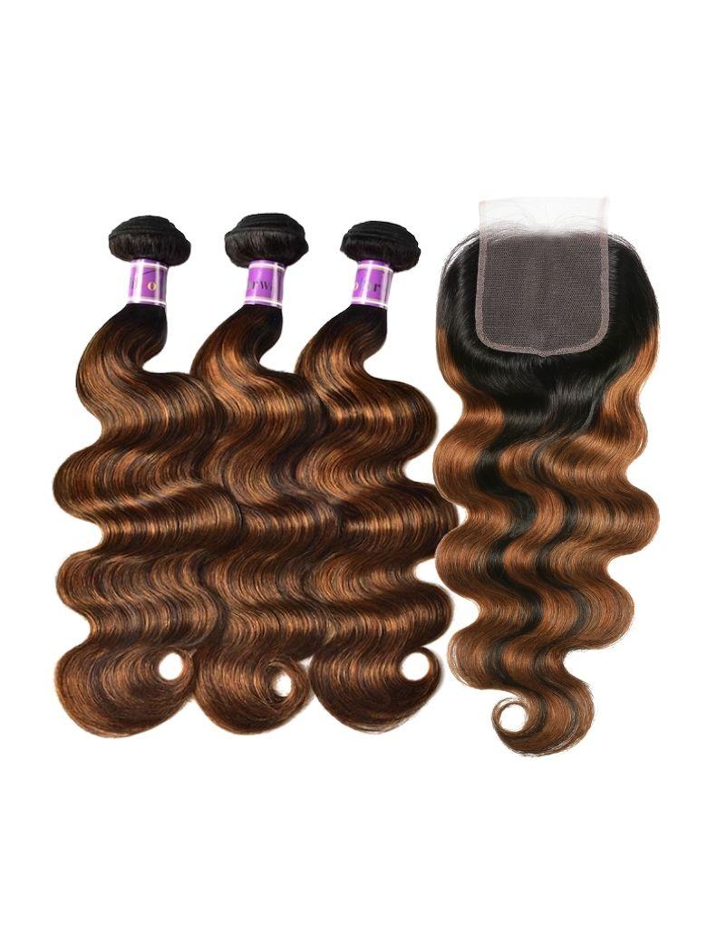 The UNice Brown Balayage 4x4 Lace Closure With 3Pcs Body Wave Bundles product image shows body wave hair bundles and body wave texture, 4x4, lace finish.