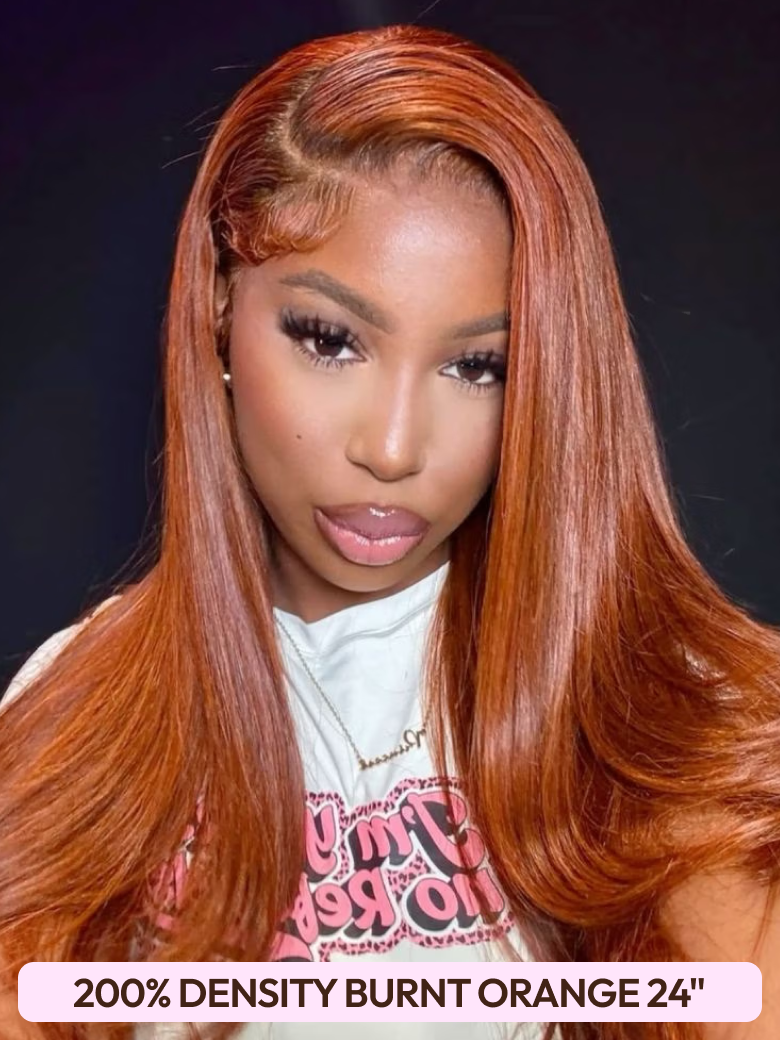 A model displays the UNice 200%/ 180% Density 13x4 Front Lace Chocolate Brown/ Honey Highlights/ Burnt wig, showing a model with long red hair and a white shirt.