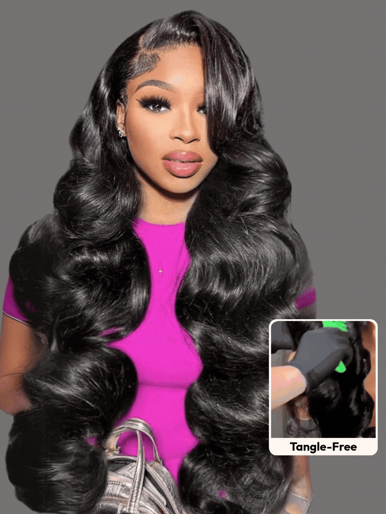 A model displays the UNice 3 Pcs Brazilian Body Wave Bundles - Full Install Ready, 100% Virgin Soft Human, showing a model with long black hair and a pink shirt and body.