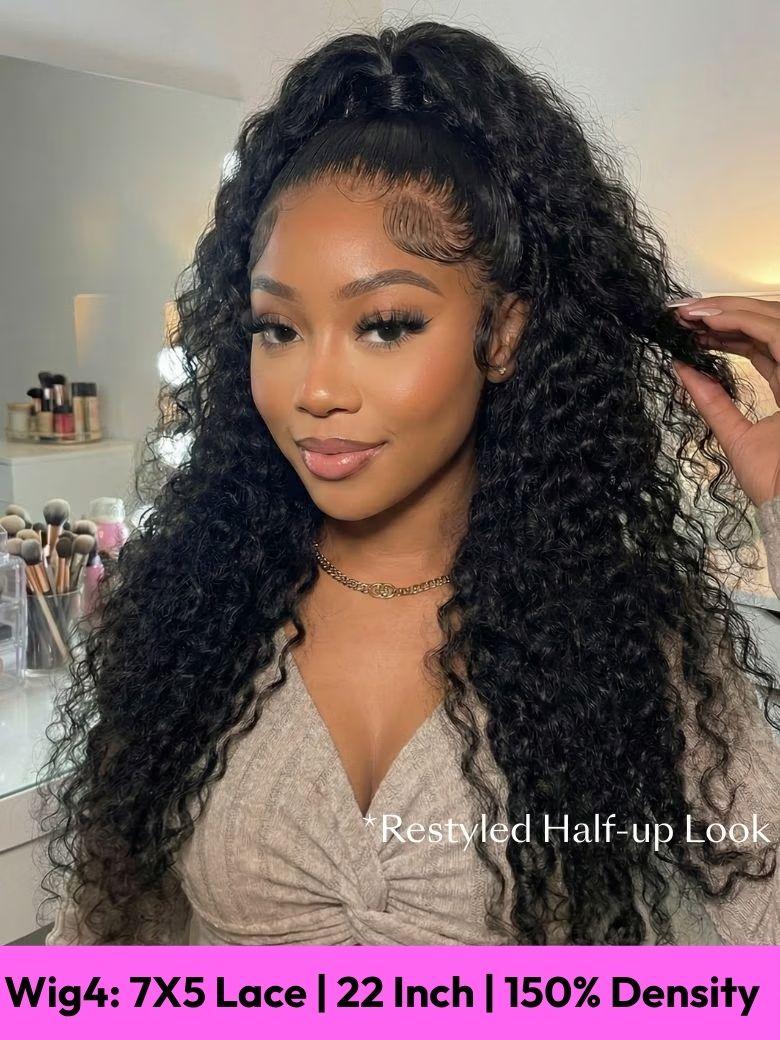 A model displays the UNice All 22 Inch 100% human hair wig Collection, showing a model with long curly hair wearing a wig.