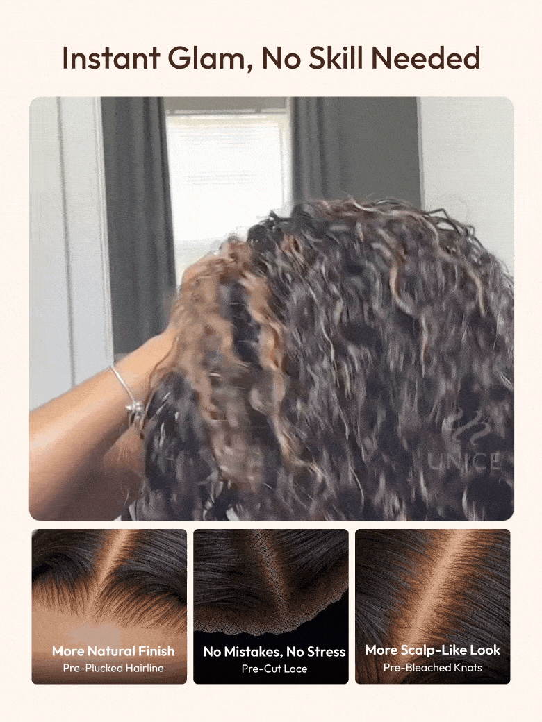 A model displays the UNice 7x5 Bye Bye Slip Lace Water Wave Black Wig With Golden Brown Highlights 150%, showing a model is brushing her hair in front of a mirror.