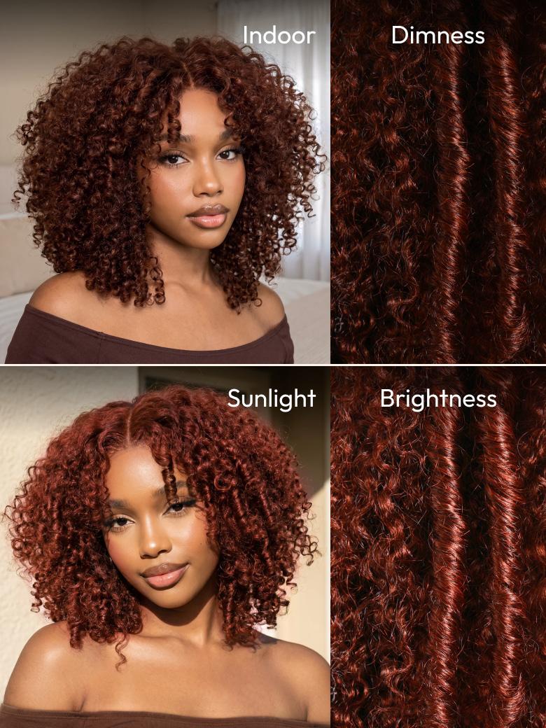 A model displays the UNice 7x5 Bye Bye Slip Wig Glueless Lace Sunset Afro Kinky Curly & Jerry Curly for, showing a model with curly hair and a brown top and kinky curly.