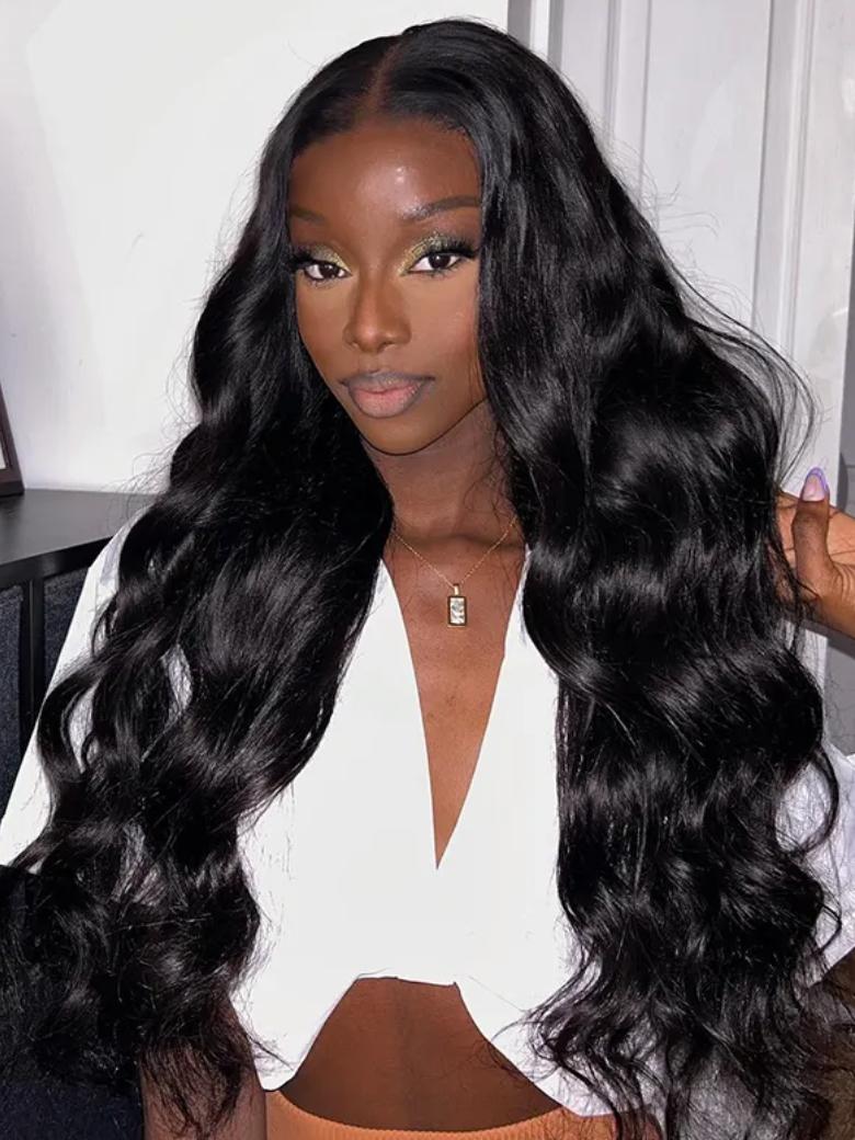A model displays the UNice Hair Peruvian Body Wave HD Lace Closure With 3pcs Human Hair Weave, showing a model with long black hair wearing a white shirt and body wave.