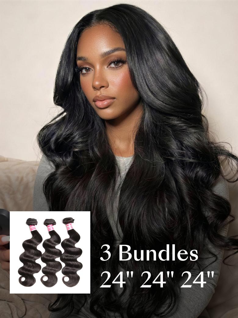 A model displays the UNice 3 Pcs Brazilian Body Wave Bundles - Full Install Ready, 100% Virgin Soft Human, showing 3 bundles brazilian body wave hair extensions and body.