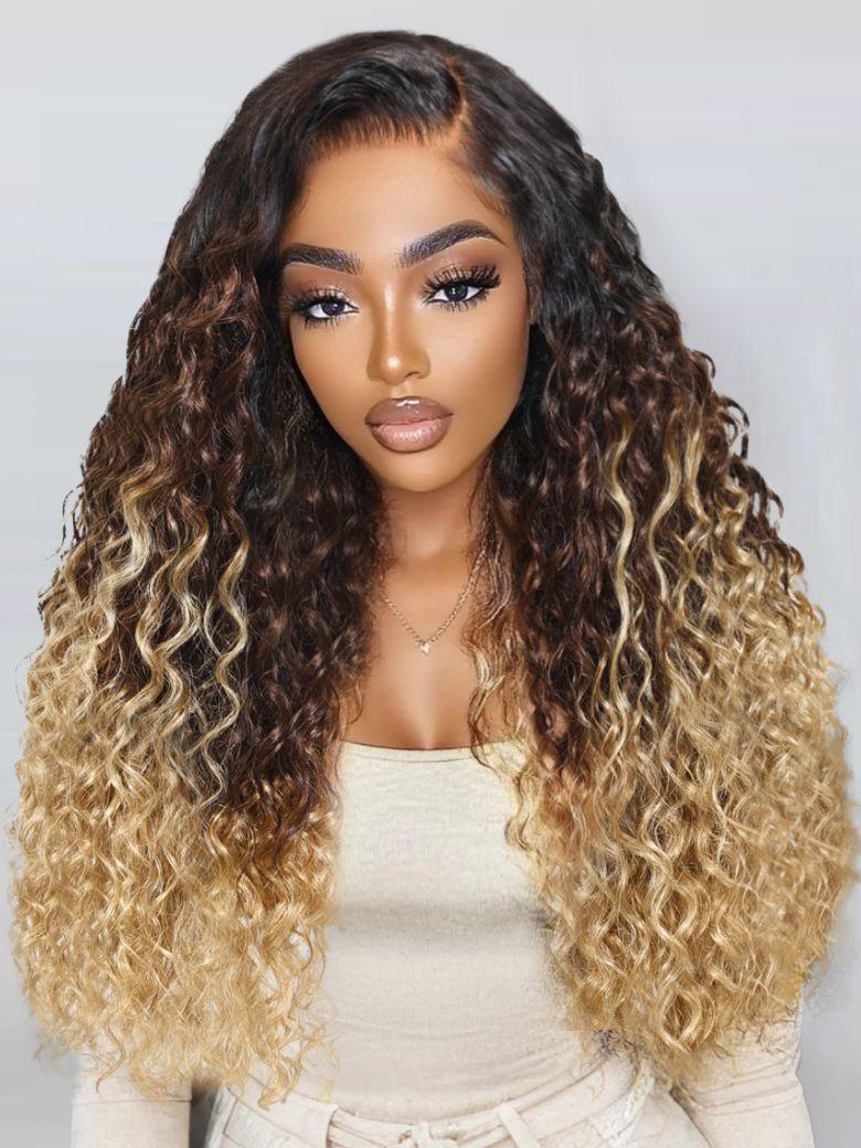 A model displays the UNice Bye Bye Knots 7x5 Lace Black to Brown to Blonde Ombre Water Wave Wig with, showing a model with long curly hair wearing a wig and water wave.