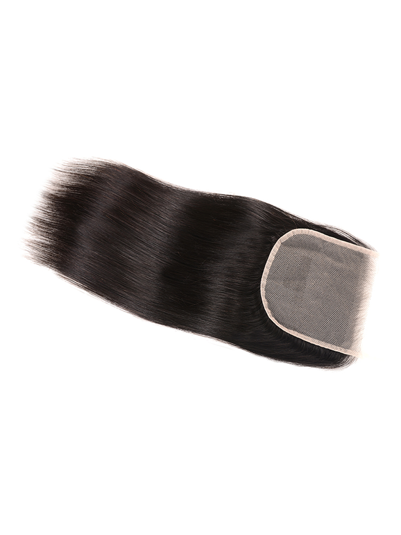 The UNice Hair 3 Bundles Peruvian Straight Hair Weft With HD Closure product image shows a piece of hair on a white background and straight texture, bundle fullness.