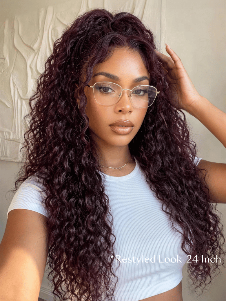 A model displays the UNice 13x4 Bye Bye Slip Lace Frontal Black Cherry Water Wave Glueless Drawstring Wig, showing a model with long curly hair wearing a brown sweater.
