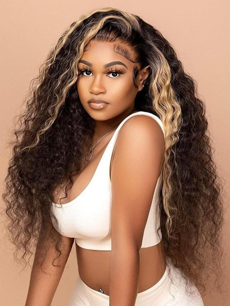 A model displays the UNice 22-24" Bye Bye Knots wig 7x5 / 6X4.5/ 13X4 Pre-Cut Lace Honey Brown, showing a model with long curly hair wearing a white top and jerry curl.