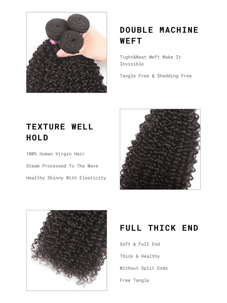 The UNice Hair Virgin Human Hair Kinky Curly Hair 3 Bundles image highlights DOUBLEMACHINE, WEFT, Tight&Neat Weft Make It, Invisible, the different types of curly hair.