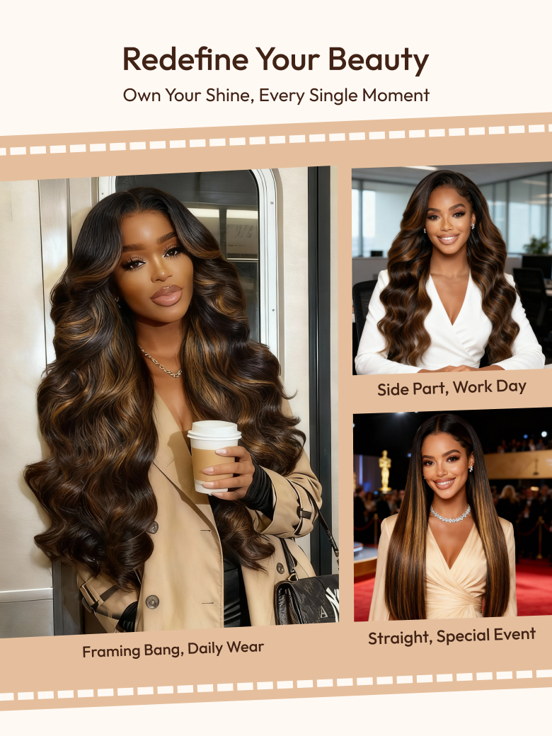 A model displays the UNice 7x5 Bye Bye Knots Wig Glueless Lace Balayage Highlight Body Wave Wig, showing red carpet hair salon - red carpet hair salon - red carpet hair.