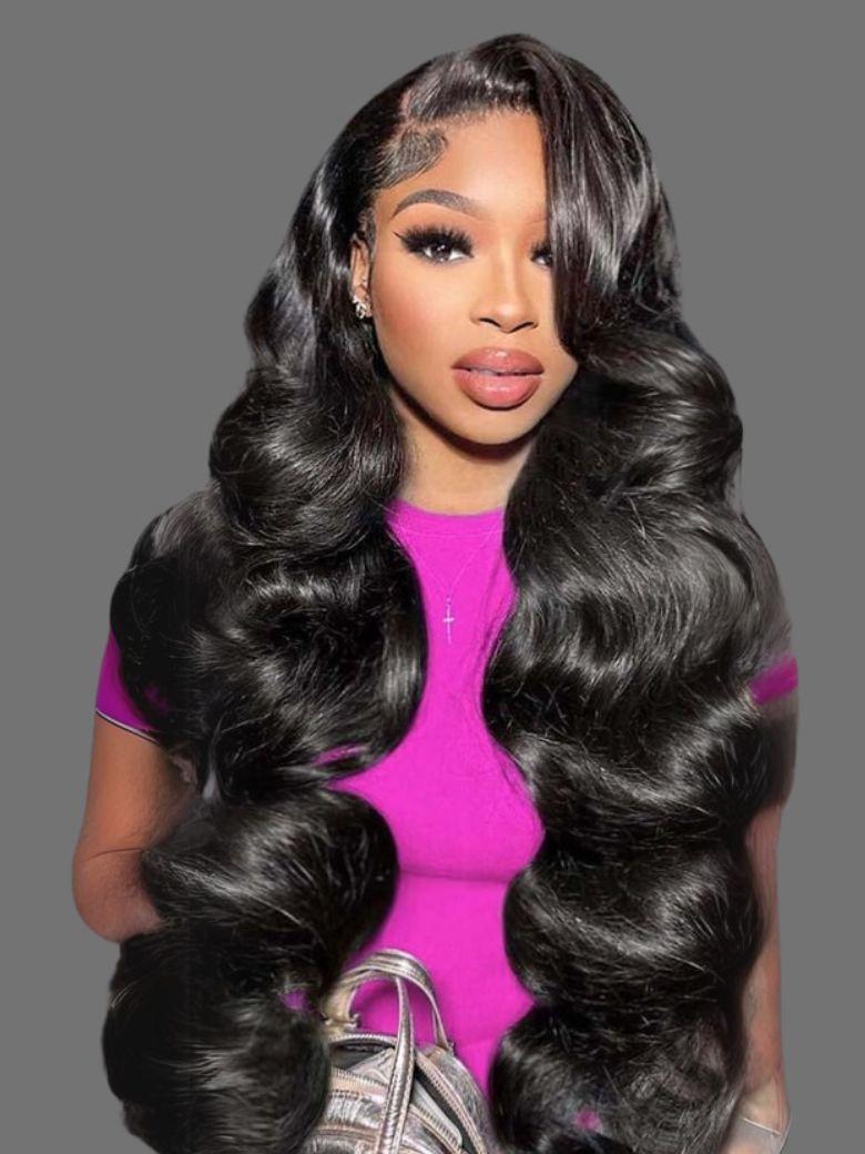 A model displays the UNice Hair Bundles 3 Pcs/pack Brazilian Body Wave Virgin Human Hair Very Bouncy Hair, showing a model with long black hair wearing a pink top.