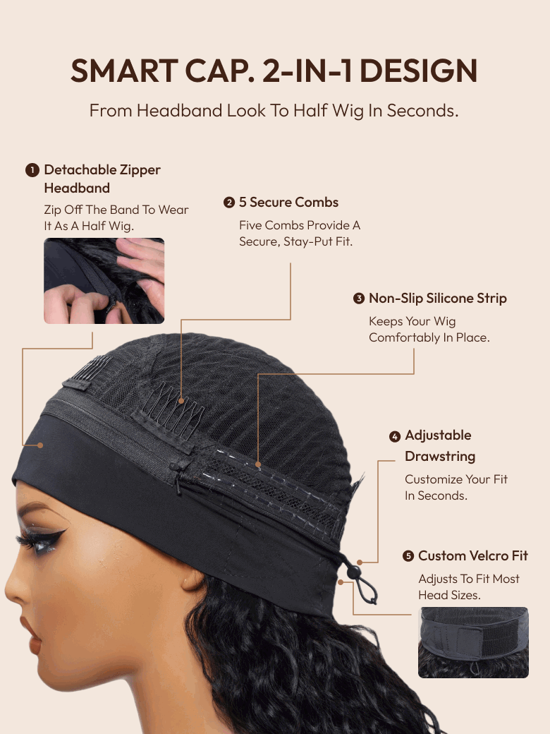 UNice Water Wave In Natural Black 2-In-1 Switch™ Breathable Headband Wig with Flexible Drawstring