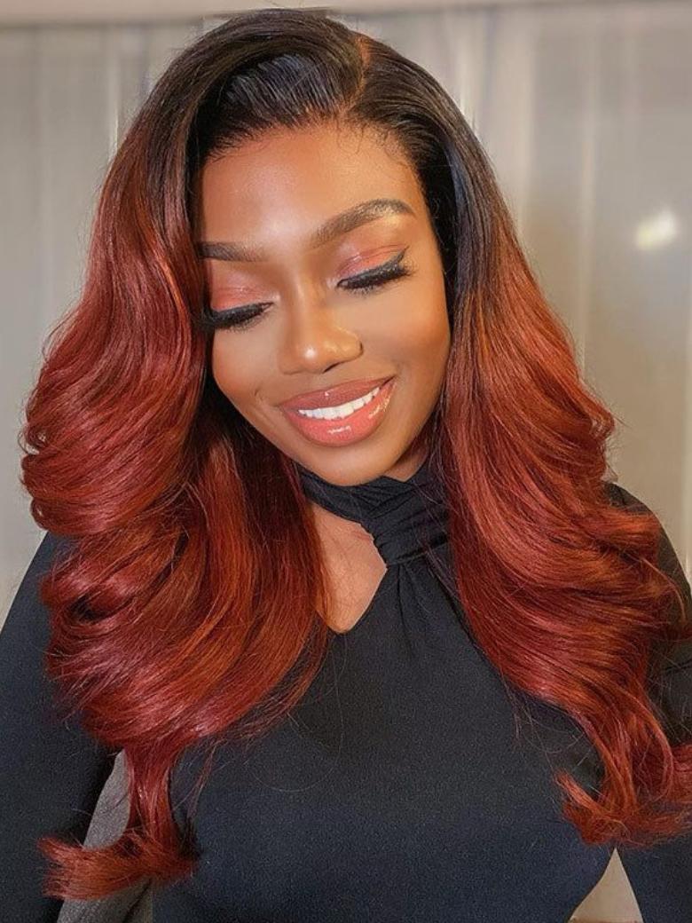 A model displays the UNice Glueless Breezy Cap V Part Wig No Glue Throw On And Go Red Brown Body Wave Wig, showing a model with long red hair wearing a black top.