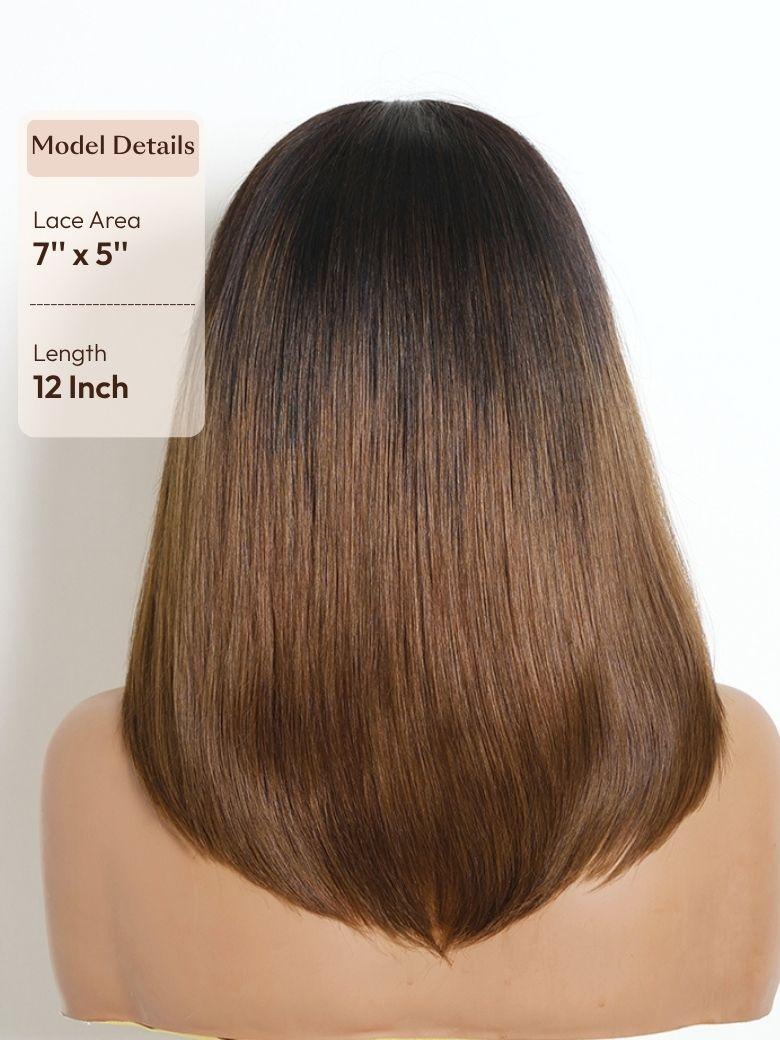 A model displays the UNice Bye Bye Slip 7x5 Lace Warm Brown with Beige Blonde Ribbon Highlights Layered wig, showing a model with a long, blonde haircut and highlight.