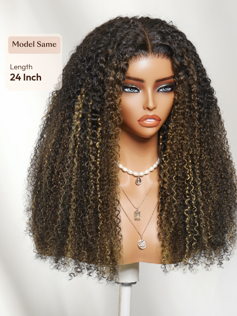 The UNice 7x5 Bye Bye Slip Lace Black with Blonde and Caramel Highlights Full Curly Wig visual image position 5 shows a wig with curly hair on a mann | curly texture.