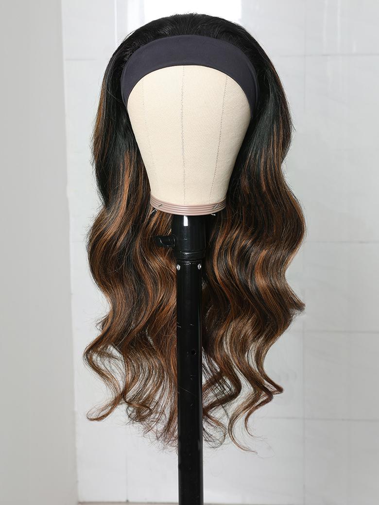 The UNice Balayage Highlight Ombre Color Body Wave Headband Wig 150% Density product image shows a wig on a stand and body wave texture, ombre, highlight.