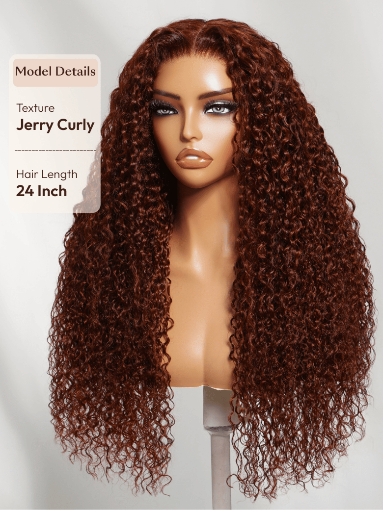 The UNice 7x5 Bye Bye Knots Wig Glueless Lace Sunset Reddish Brown Jerry Curly/ Afro image highlights Model Details, Texture, Jerry Curly, Hair Length, a wig with curly.