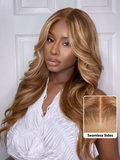 A model displays the UNice Beginner Friendly 6x4.5 Pre Cut Lace Put On And Go Honey Blonde Highlights wig, showing a model with long blonde hair wearing a white shirt.