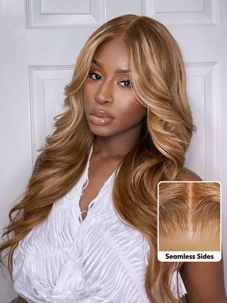 A model displays the UNice Beginner Friendly 6x4.5 Pre Cut Lace Put On And Go Honey Blonde Highlights wig, showing a model with long blonde hair wearing a white shirt.